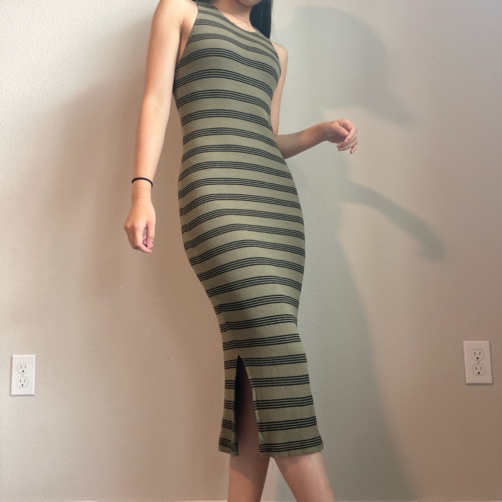 Olive green and black striped midi bodycon dress